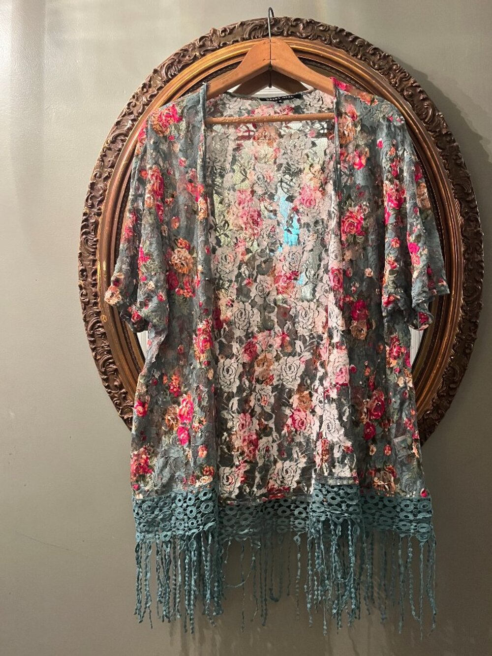 Green & Floral Kimono with Fringe